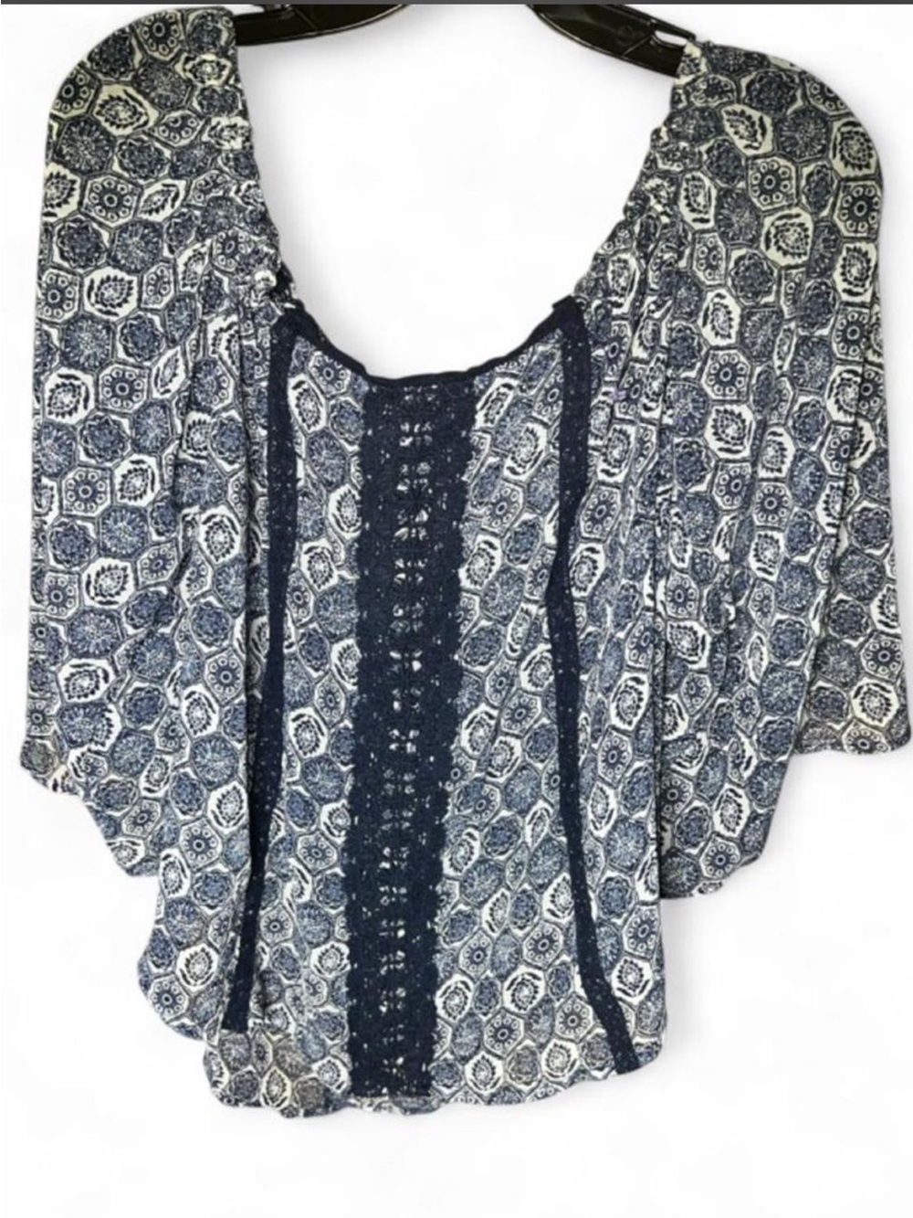 Rewind Women’s Navy Blue Printed Boho Peasant Top size L